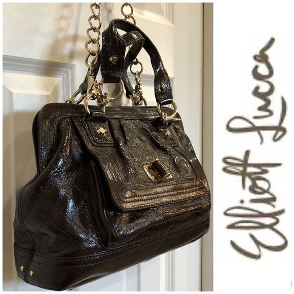 ELLIOTT LUCCA - "Helena" Quilted Brown Patent Cow Leather Satchel/Shoulder Bag - Picture 1 of 16